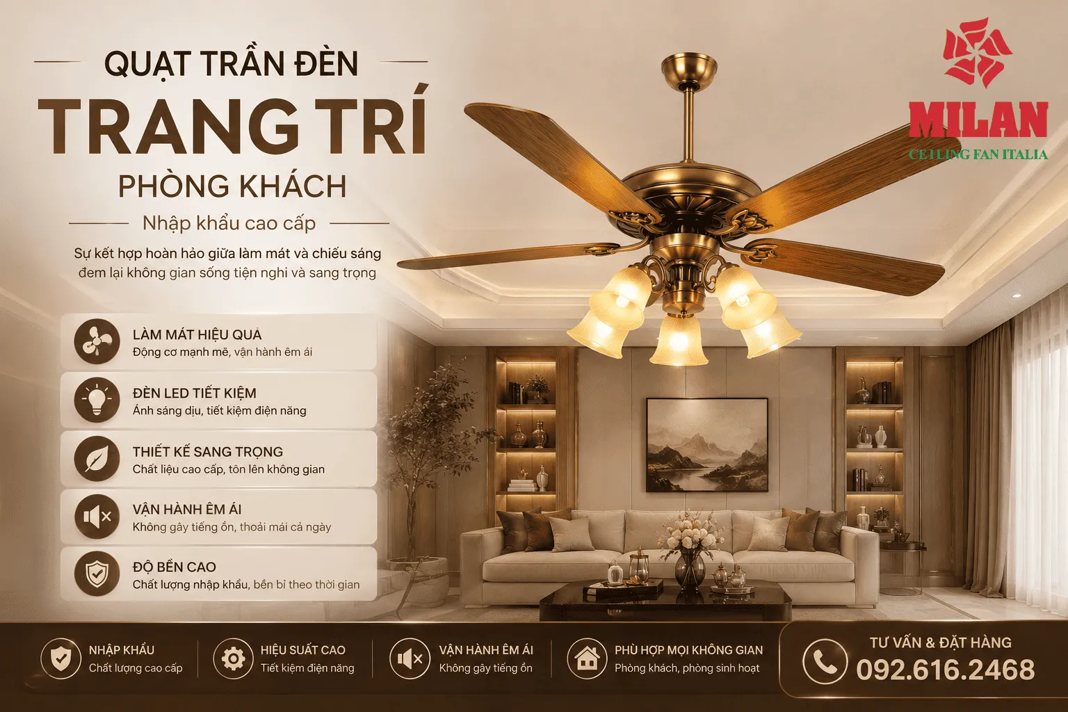 Quạt Trần Đèn Trang Trí Phòng Khách Nhập Khẩu Cao Cấp